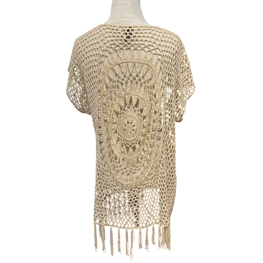 Saachi Womens Crochet Cardigan Vest Beige Mandala Medallion Fringe One Size Boho